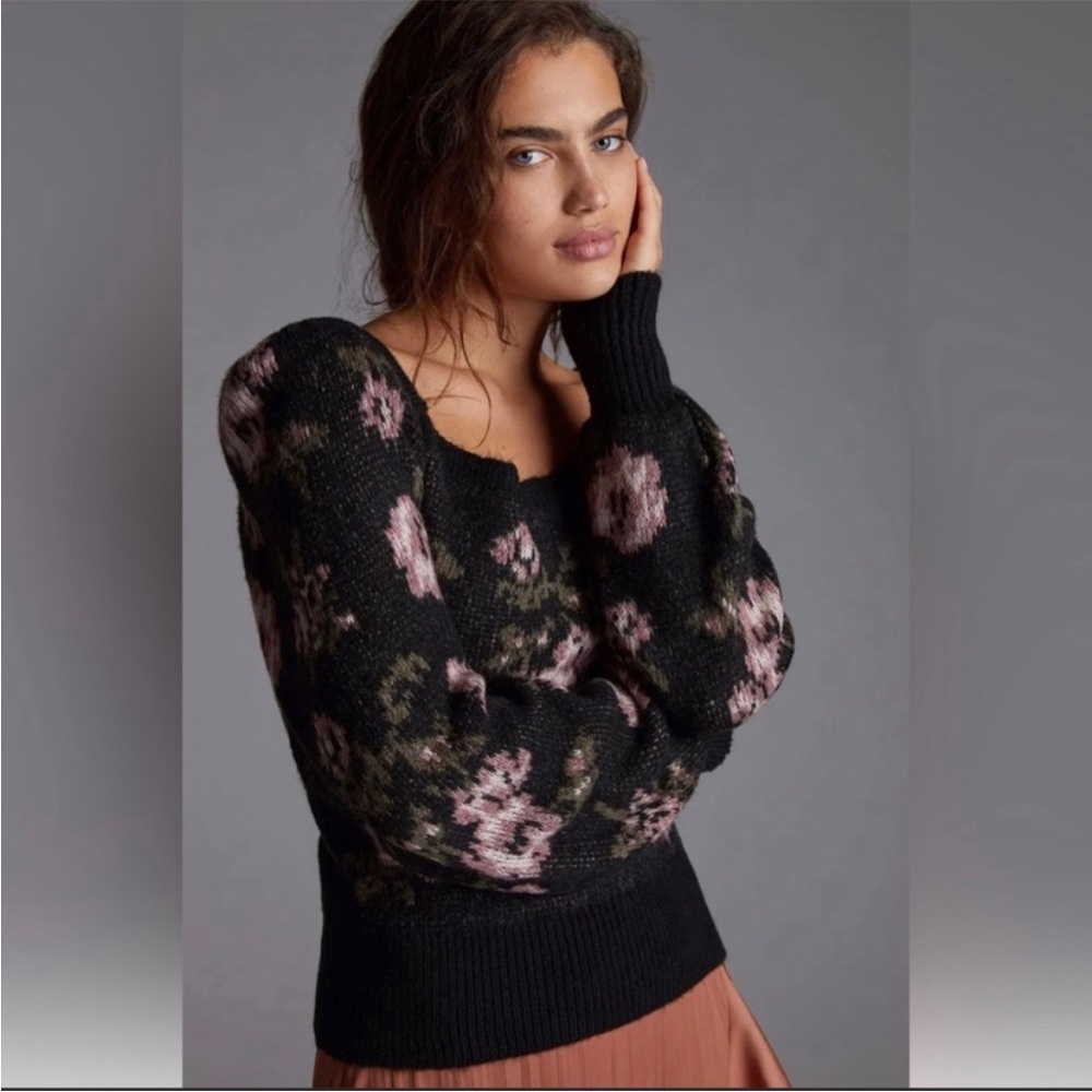 Anthropologie Puff-Sleeve Square Neck Rose Print Sweater 🌿